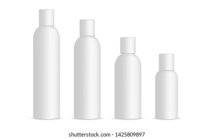 Plastic cosmetic bottles 120ml, 100ml, 60ml, 30ml, isolated on white background. Vector illustration