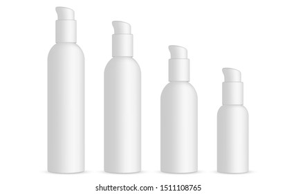 Plastic cosmetic bottles with dispenser pump isolated on white background. Vector illustration