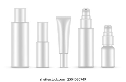 Plastic Cosmetic Bottles Mockups Set, Tube, Pump Bottle, Shampoo, Isolated On White Background. Vector Illustration