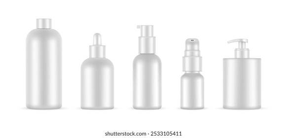 Plastic Cosmetic Bottles Mockups Set, Isolated On White Background. Vector Illustration