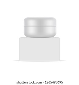 Plastic cosmetic jar with cardboard box mockup isolated on white background - front view. Vector illustration