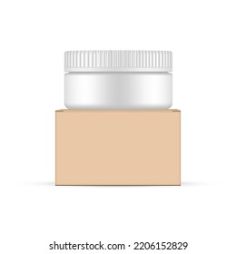 Plastic Cosmetic Jar With Screw Cap and Cardboard Packing Box, Front View, Isolated on White Background. Vector Illustration