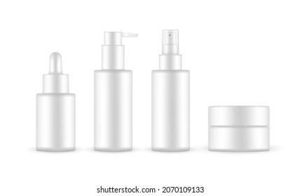 Plastic Cosmetic Packaging Mockup: Jar, Dropper, Bottle with Press Pump and Spray, Isolated on White Background. Vector Illustration