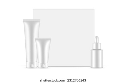 Plastic Cosmetic Set, Tubes, Dropper Bottle and Packaging Box, Isolated on White Background. Vector Illustration