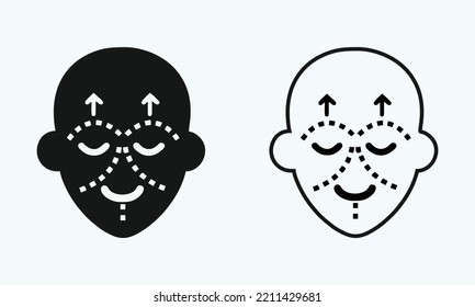Plastic and cosmetic surgery on face with dotted lines flat vector icon illustration .Plastic surgery linear icons set. Facelift surgery, blepharoplasty, double chin removal, cheek lift surgery. Thin 