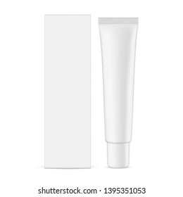 Plastic cosmetic tube with cardboard rectangular box mockup isolated on white background - front view. Vector illustration