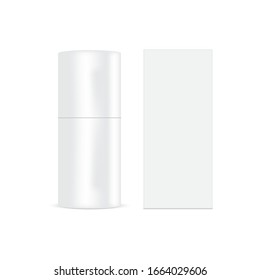 Plastic cosmetic tube with cardboard rectangular box mockup. Vector.
