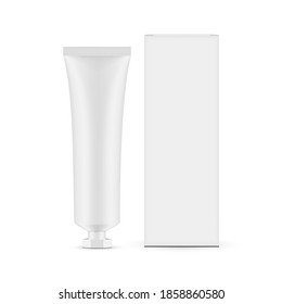 Plastic Cosmetic Tube Mockup With Screw Cap And Paper Box Front View, Isolated On White Background. Vector Illustration