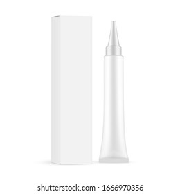 Plastic cosmetic tube with paper box isolated on white background. Vector illustration