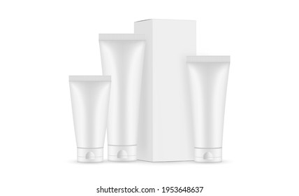 Plastic Cosmetic Tubes with Various Sizes, Paper Packaging Box, Isolated on White Background. Vector Illustration