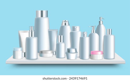 Las botellas de cosméticos plásticos establecen la ilustración vectorial realista. Colección de paquetes de productos de belleza para jabón líquido, crema, gel, loción, champú u otros frascos