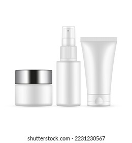 Plastic Cosmetics Skin Care Packaging Bottles. Jar With Metal Cap, Spray Bottle and Tube, Isolated on White Background. Vector Illustration