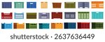 Plastic crate box icons set. Set of various colorful plastic crates, ideal for storing and transporting diverse goods, showcasing front, back, and side views