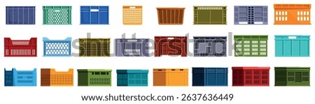 Plastic crate box icons set. Set of various colorful plastic crates, ideal for storing and transporting diverse goods, showcasing front, back, and side views