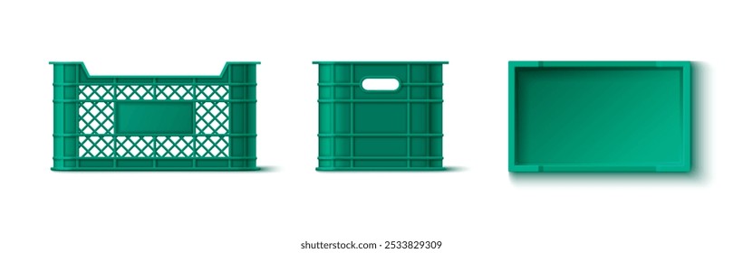 Plastic crate mockups set isolated on white background. Vector realistic illustration of green boxes for fruit and vegetable storage, warehouse equipment, shop goods baskets, transportation containers