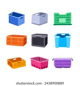 plastic crate set cartoon. view vegetable, basket bin, fish grocery plastic crate sign. isolated symbol vector illustration