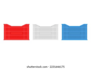 Plastic crate vector set. Empty plastic crate for fruits and vegetables. Vector illustration.