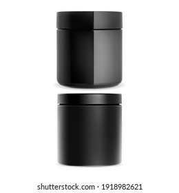 Plastic cream jar. Cosmetic cream container mockup. Black Gloss packaging for charcoalscrub, powder or wax isolated. Round facial treatment canister illustration. Gel can mock up blank