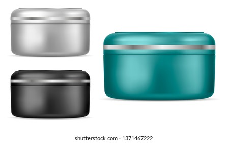 Plastic Cream Jar Vector Package. Container Blank Mockup. Round Realistic Pot. Body Skin Product Bowl. Packaging Template with Silver on Lid. White Tube with Lotion.