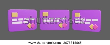 Plastic credit card from 3 different angles 3D cartoon style vector render. Secure online payment, e-commerce, business bank cards isolated on dark background. Contactless payment for online shopping.