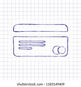 plastic credit card icon. Hand drawn picture on paper sheet. Blue ink, outline sketch style. Doodle on checkered background