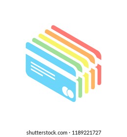plastic credit card icon. Stack of colorful isometric icons on white background