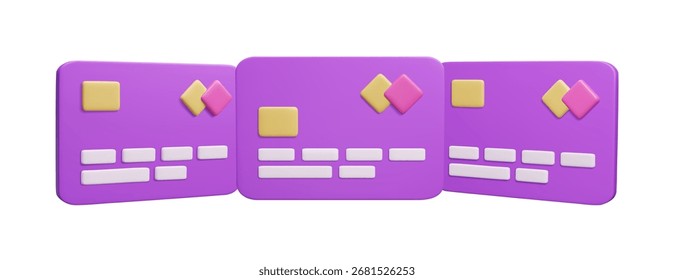 Kunststoff-Kreditkarte in drei verschiedenen Winkeln 3D minimale Cartoon-Stil Vektorgrafik. Sicheres Online-Shopping, kontaktloses Bezahlen, Transaktionsschutzkonzept. Debitkarte 3D-Rendering.