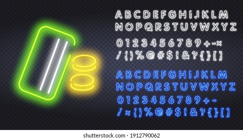 Plastic credit cards with coins neon light icon. Purchase goods online. Pay without cash. Credit bank accout. Open deposit. Glowing sign with alphabet, numbers and symbols.