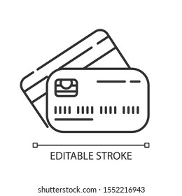 Plastic credit cards linear icon. Purchase goods online. Pay without cash. Credit bank accout. Open deposit. Thin line illustration. Contour symbol. Vector isolated outline drawing. Editable stroke