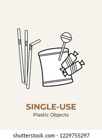 Plastic crisps pouch, candy wrap, straw. Single-use vector illustration of recycling plastic. Isolated wrap pack pouch. Flat logo for ecological poster, postcard, banner, pollution environment concept
