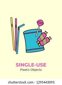 Plastic crisps pouch, candy wrap, straw. Single-use vector illustration of recycling plastic. Isolated wrap pack pouch. Flat logo for ecological poster, postcard, banner, pollution environment concept