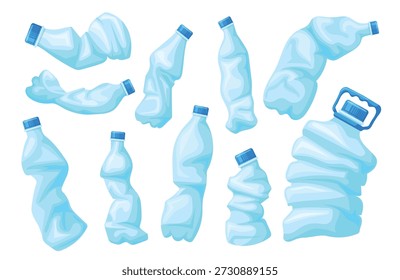 Plastic crumpled bottles. Empty crush water bottle, recycle trash broken used containers mineral drink beverages crushed storage waste rubbish cartoon set neat vector illustration