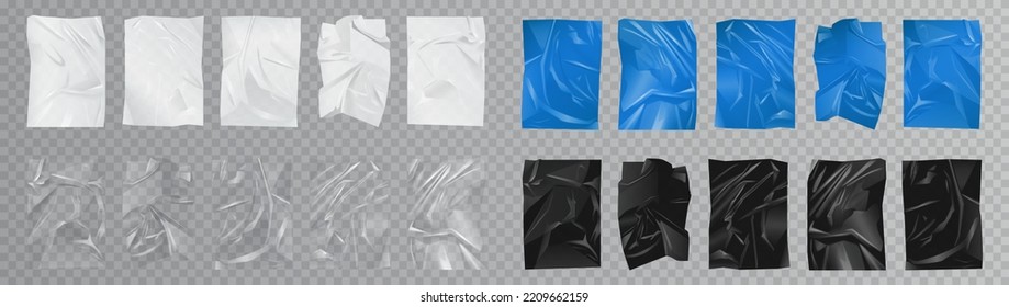 Plastic crumpled paper sheets with glossy satin texture set vector illustration. 3d realistic isolated black, transparent, white and blue blank pages with folds, creases and wrinkles glued on wall - Shutterstock ID 2209662159