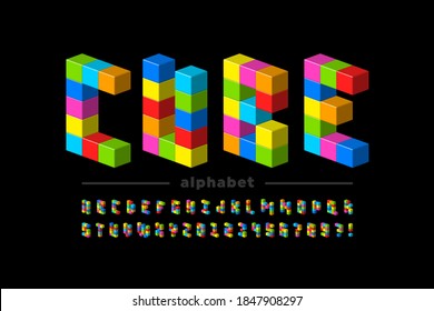 Plastic cubes font, childrens toys alphabet letters and numbers vector illustration