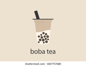 A plastic cup of boba tea with tapioca pearls and milk, a trendy asian drink