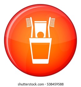 Plastic cup with brushes icon in red circle isolated on white background vector illustration