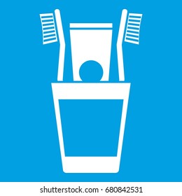 Plastic cup with brushes icon white isolated on blue background vector illustration