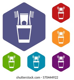 Plastic cup with brushes icons set rhombus in different colors isolated on white background