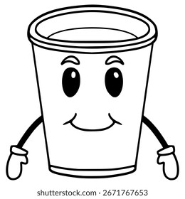 Vector de contorno dibujado a mano de ilustración de personaje de taza de plástico