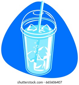 Plastic cup with clean water, ice, round cap and straw. Isolated. On blue background.