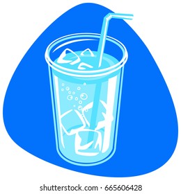 Plastic cup with clean water, ice and straw. Isolated. On blue background.