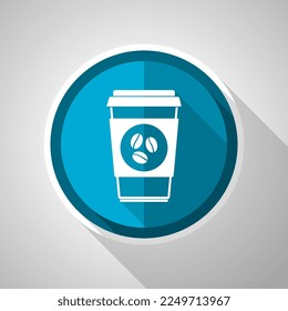 Plastic cup of coffe, hot drink symbol, flat design vector blue icon with long shadow