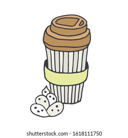 Plastic cup of coffee and dessert, vector drawing isolated on white background