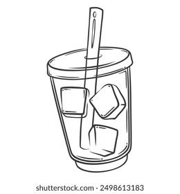 Plastic cup with coffee and ice cubes line icon. Hand drawn retro transparent package of takeout cold beverage with lid and straw. Summer fresh drink mascot, outline coffee icon vector illustration