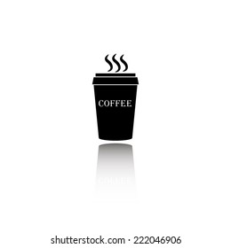plastic cup of coffee icon - black vector illustration with reflection