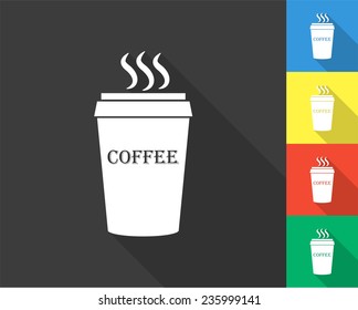 plastic cup of coffee icon - gray and colored (blue, yellow, red, green) vector illustration with long shadow