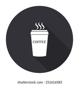 plastic cup of coffee icon with long shadow - vector round button