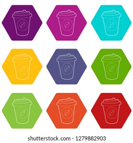 Plastic cup of coffee icons 9 set coloful isolated on white for web
