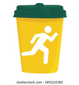 plastic cup of coffee with the image of a running man inside. stencil. coffee to go concept. takeaway drinks. disposable yellow coffee cup. vector flat. isolated