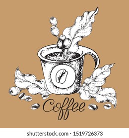 A plastic cup of coffee, with a sticker in the form of coffee beans, decorated with berries and leaves of a coffee tree, hand-drawn on paper, in the form of a black and white outline on a brown backgr